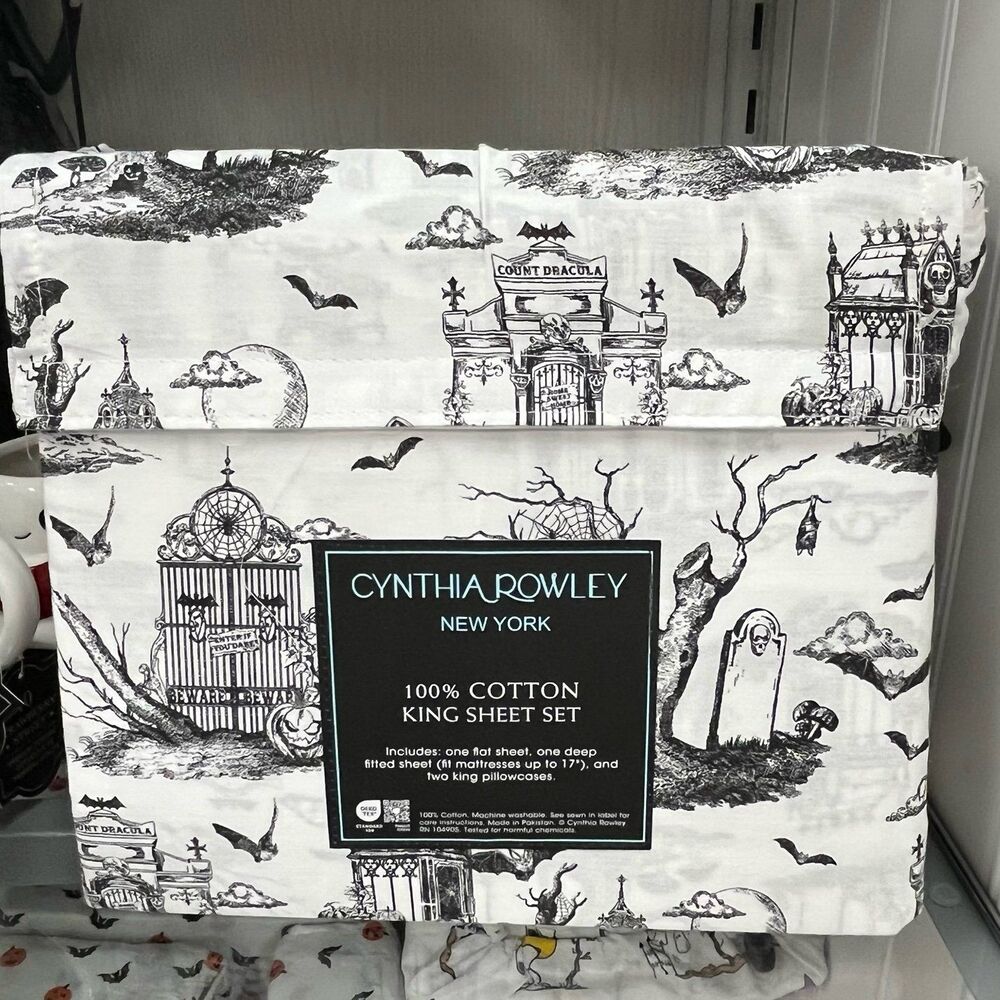 Cynthia Rowley Halloween Haunted House Bat Pumpkin Toile Sheet Set (King)